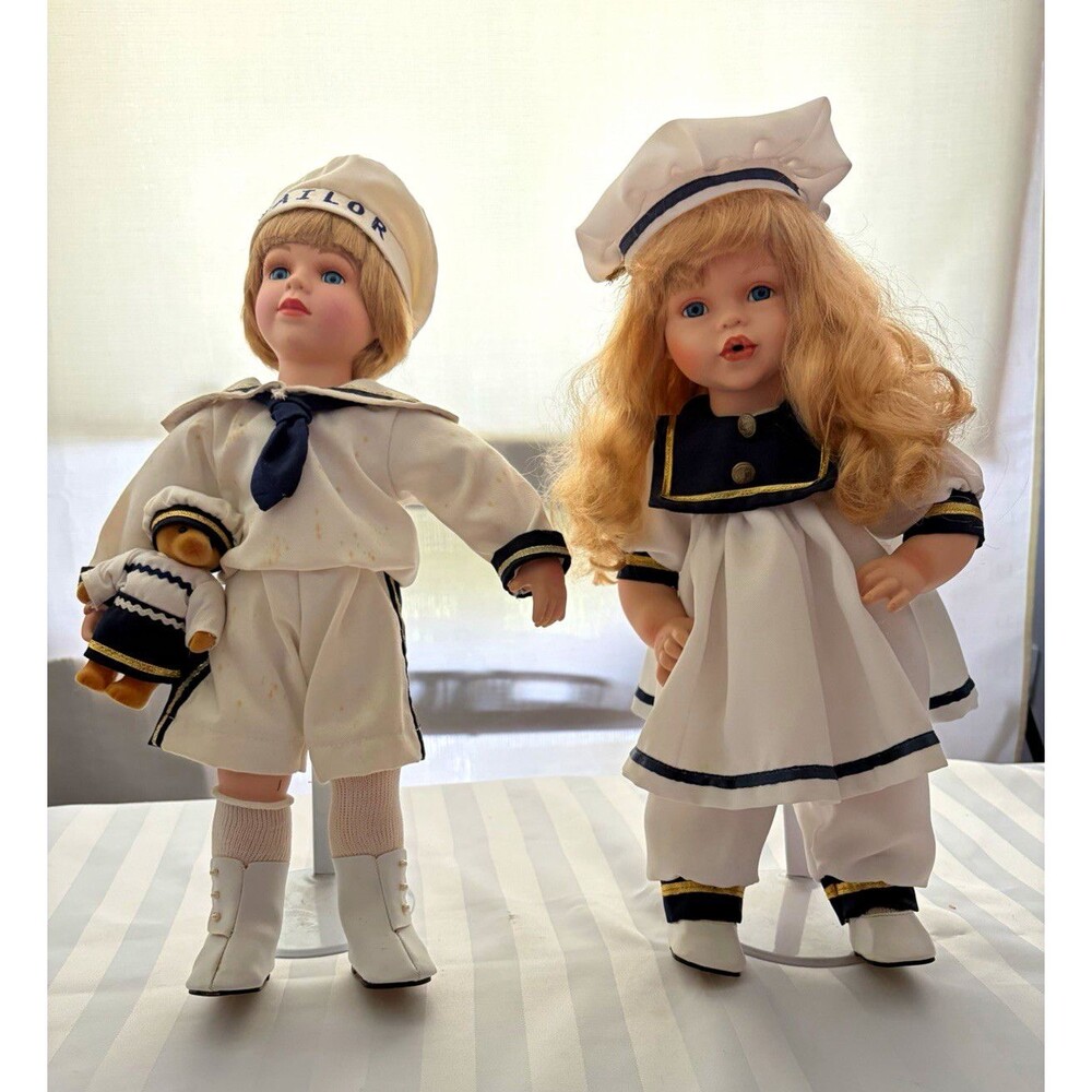 Lot of 2 Sailor Outfit Dolls Boy & Girl Blonde Straight Hair Blue Eyes Vintage